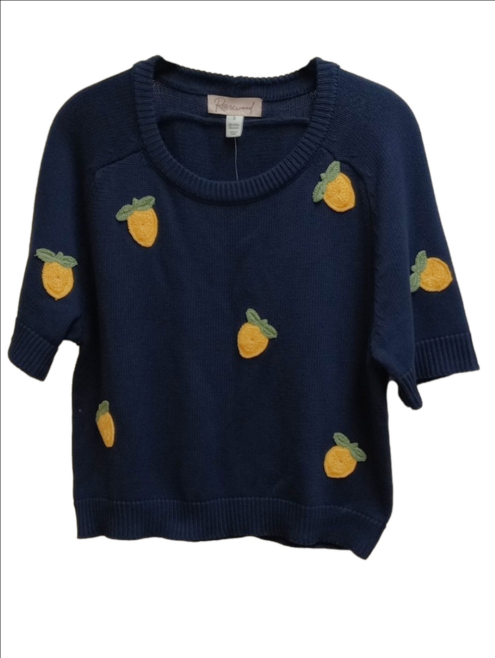 🍋 ROSEWOOD NAVY BLUE SHORT SLEEVE CREW NECK KNIT SWEATER EMBROIDERED LEMONS